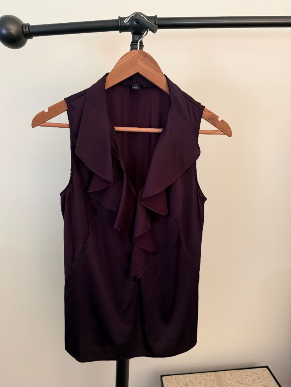 Ann Taylor Plum Purple Ruffled Sleeveless V-Neck Silk-Look Blouse